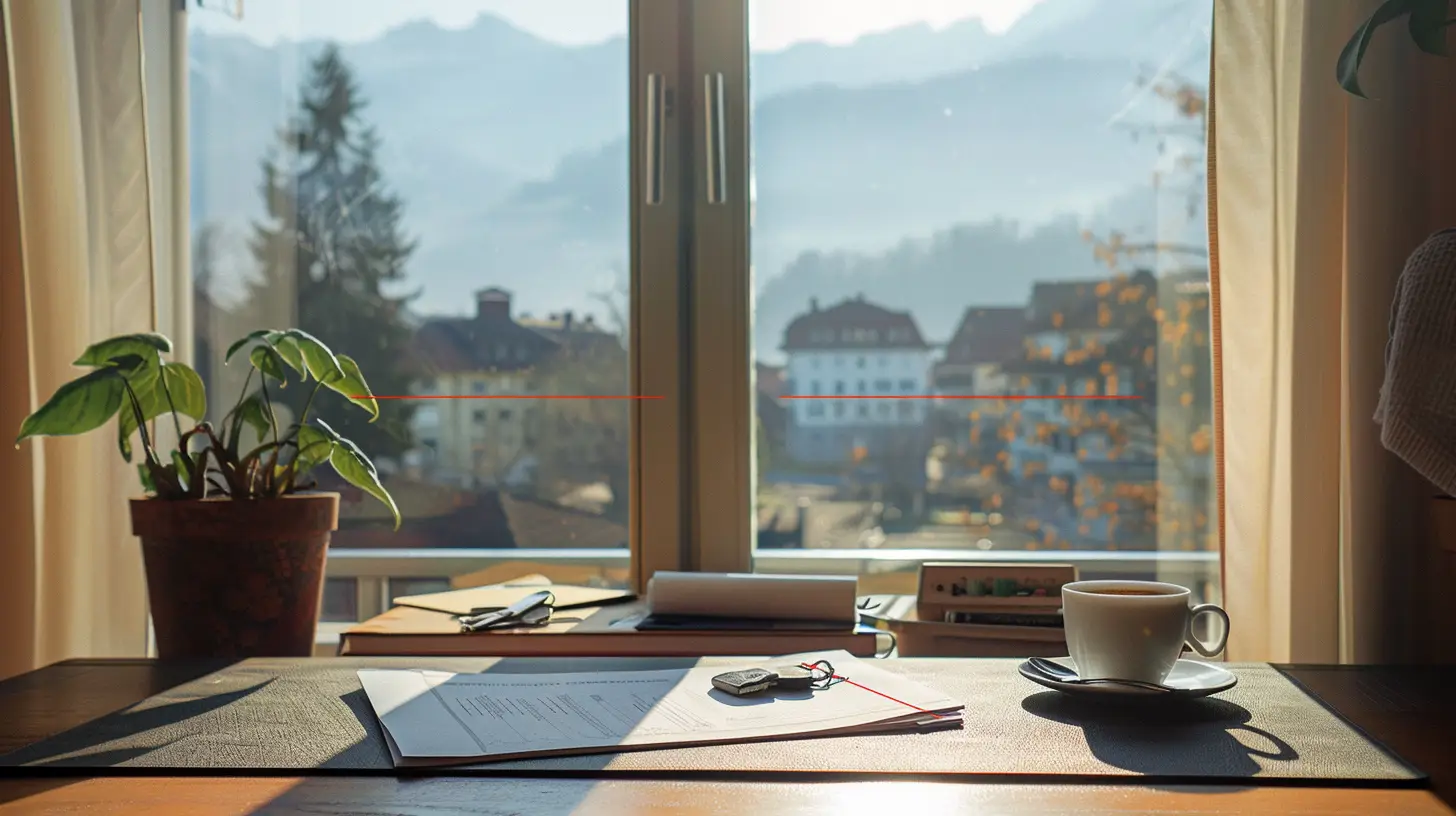 Schreibtisch mit Schlüsseln und Unterlagen vor einem Fenster mit Blick auf ein Bergdorf