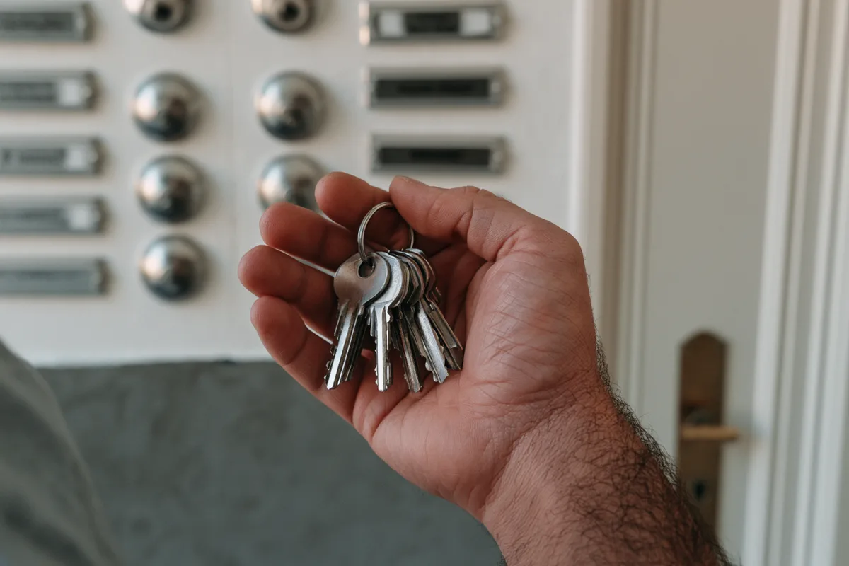 Main tenant un trousseau de clés devant un interphone avec plusieurs sonnettes