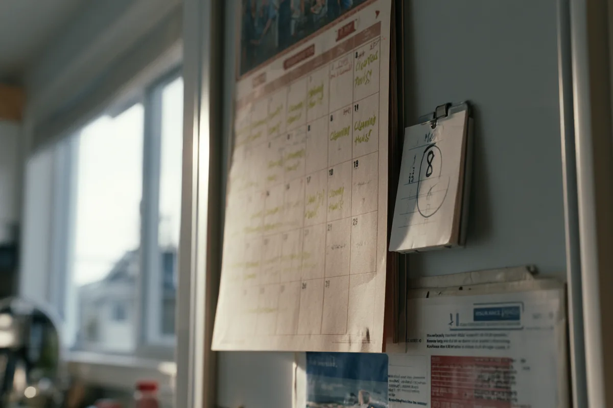 Calendar with marked cleaning shifts and a weekly tally pointing to eight hours