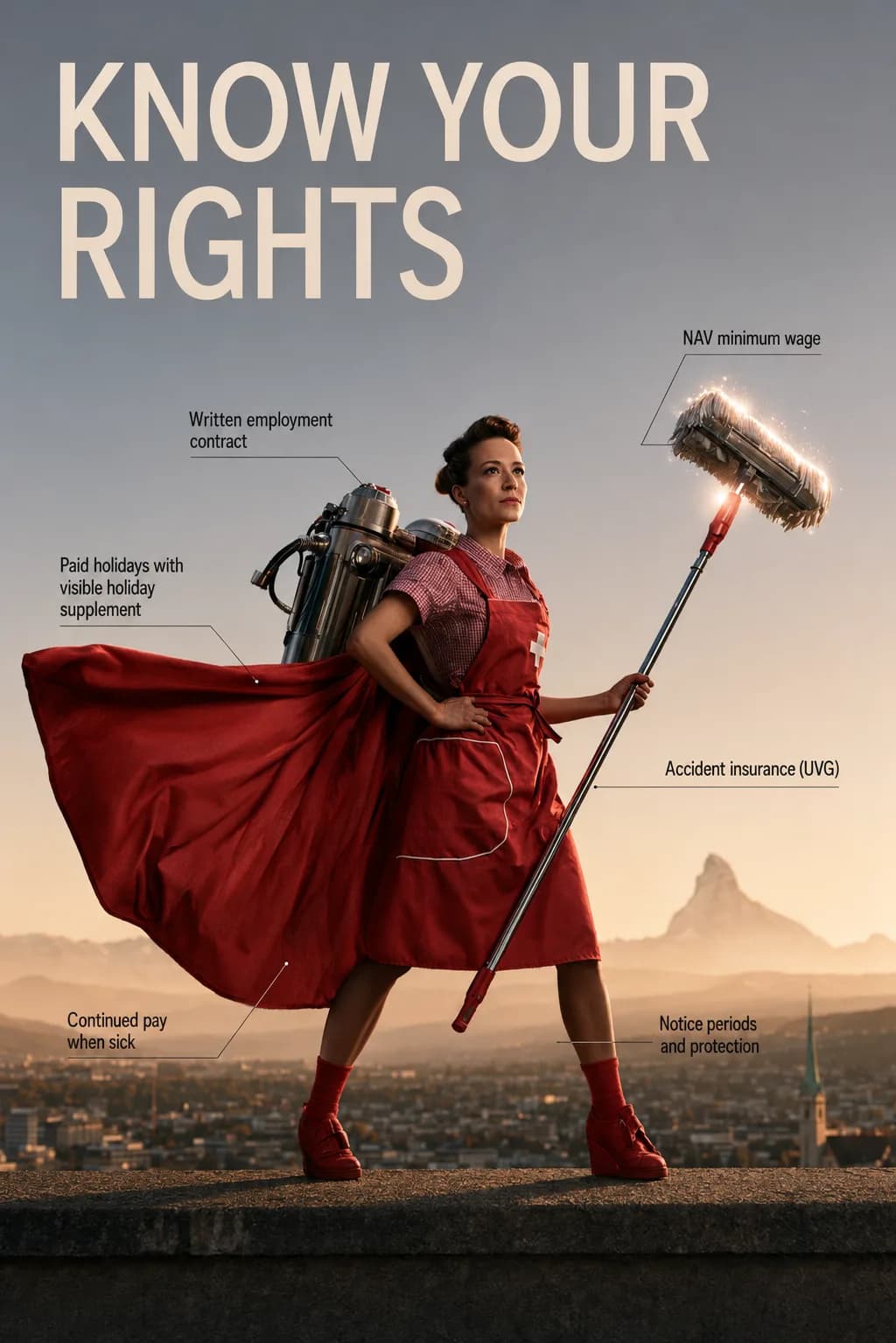 Know your rights : femme de ménage en super-héroïne avec six droits - contrat de travail écrit, salaire minimum CTT, vacances payées avec supplément visible, assurance-accidents (LAA), maintien du salaire en cas de maladie, délais et protection de congé