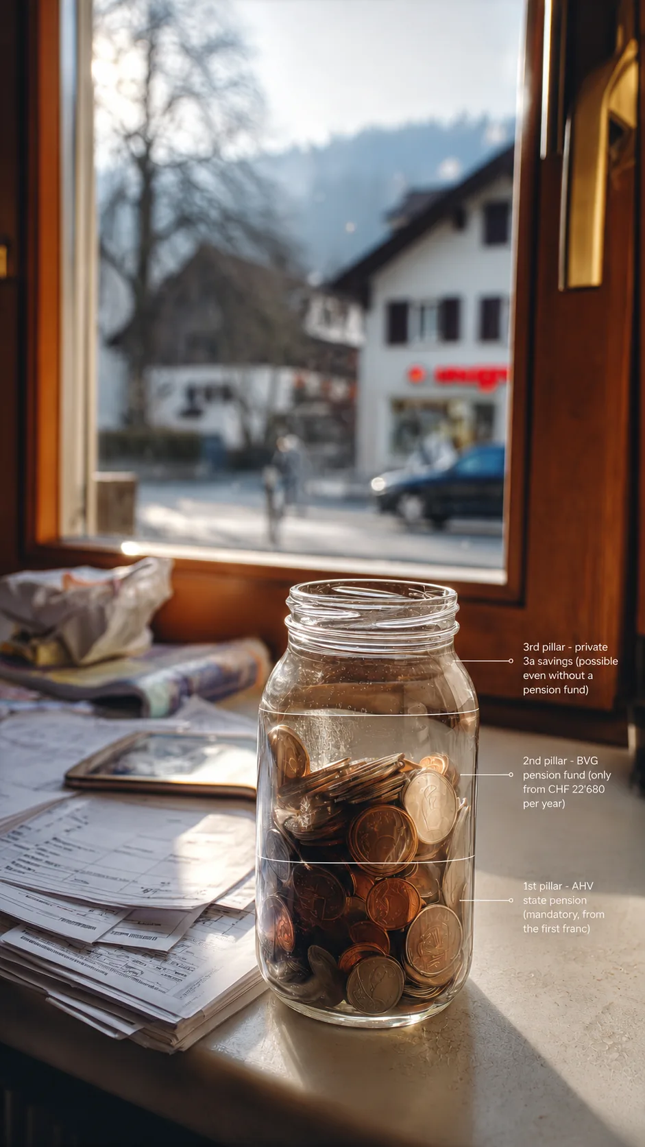 Die drei Säulen der Vorsorge im Sparglas: 1. Säule AHV (obligatorisch ab dem ersten Franken), 2. Säule BVG-Pensionskasse (erst ab CHF 22'680 Jahreslohn), 3. Säule 3a (privat, auch ohne Pensionskasse möglich)