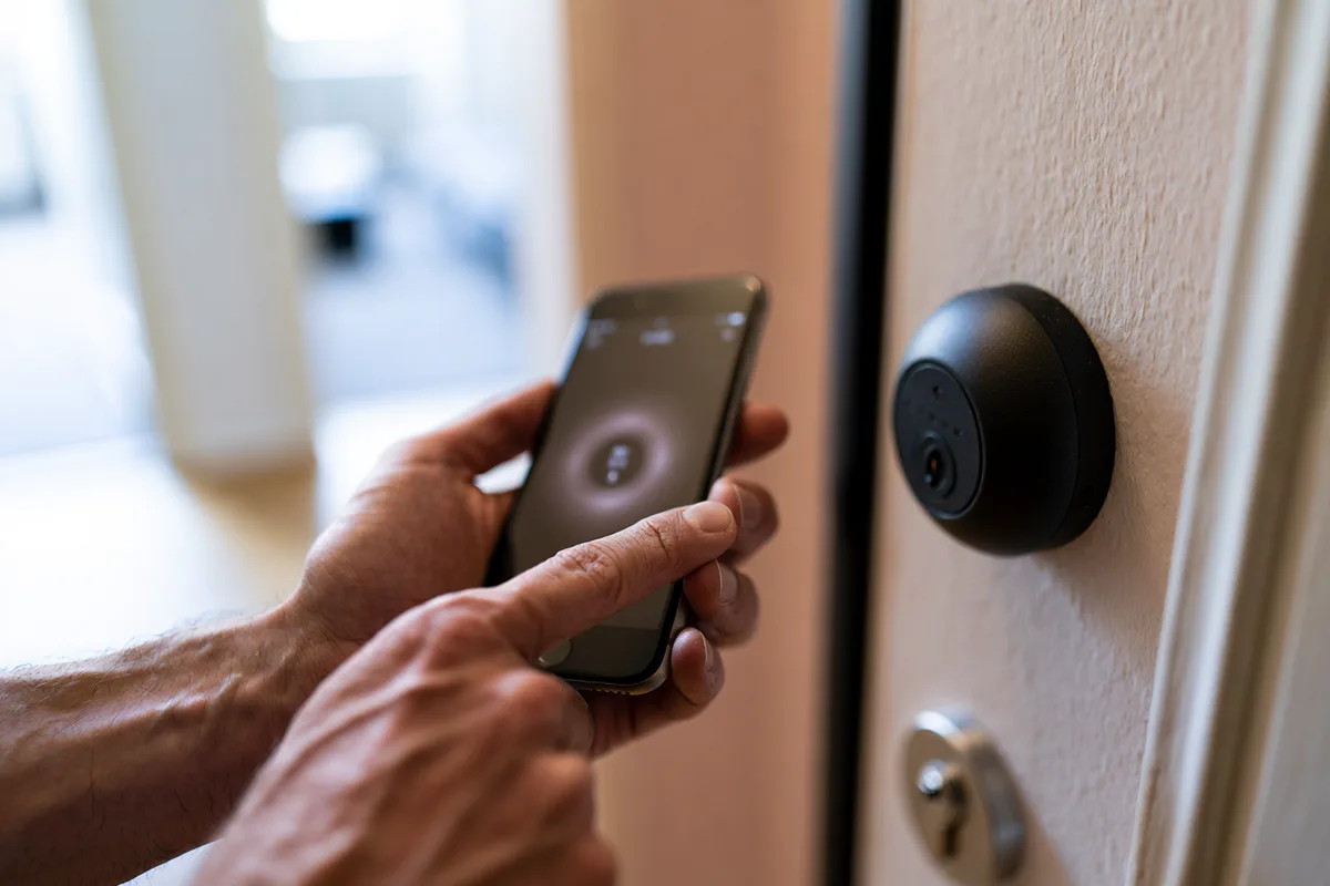 Smartphone com app de fechadura inteligente ao lado de uma fechadura eletrónica