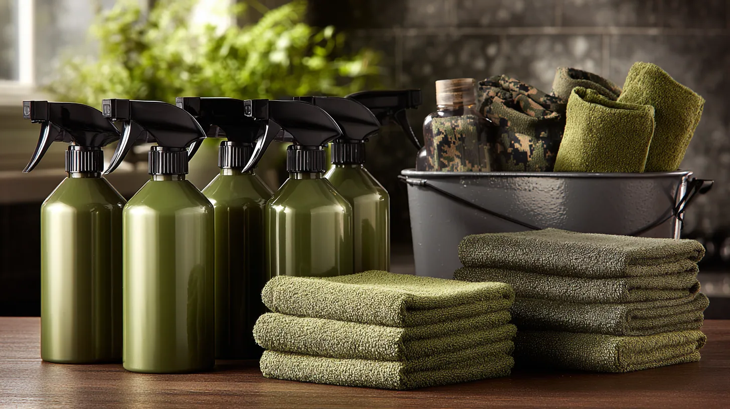 Vaporisateurs vert olive, chiffons en microfibre verts empilés et seau en métal avec éponges et brosses sur une table en bois