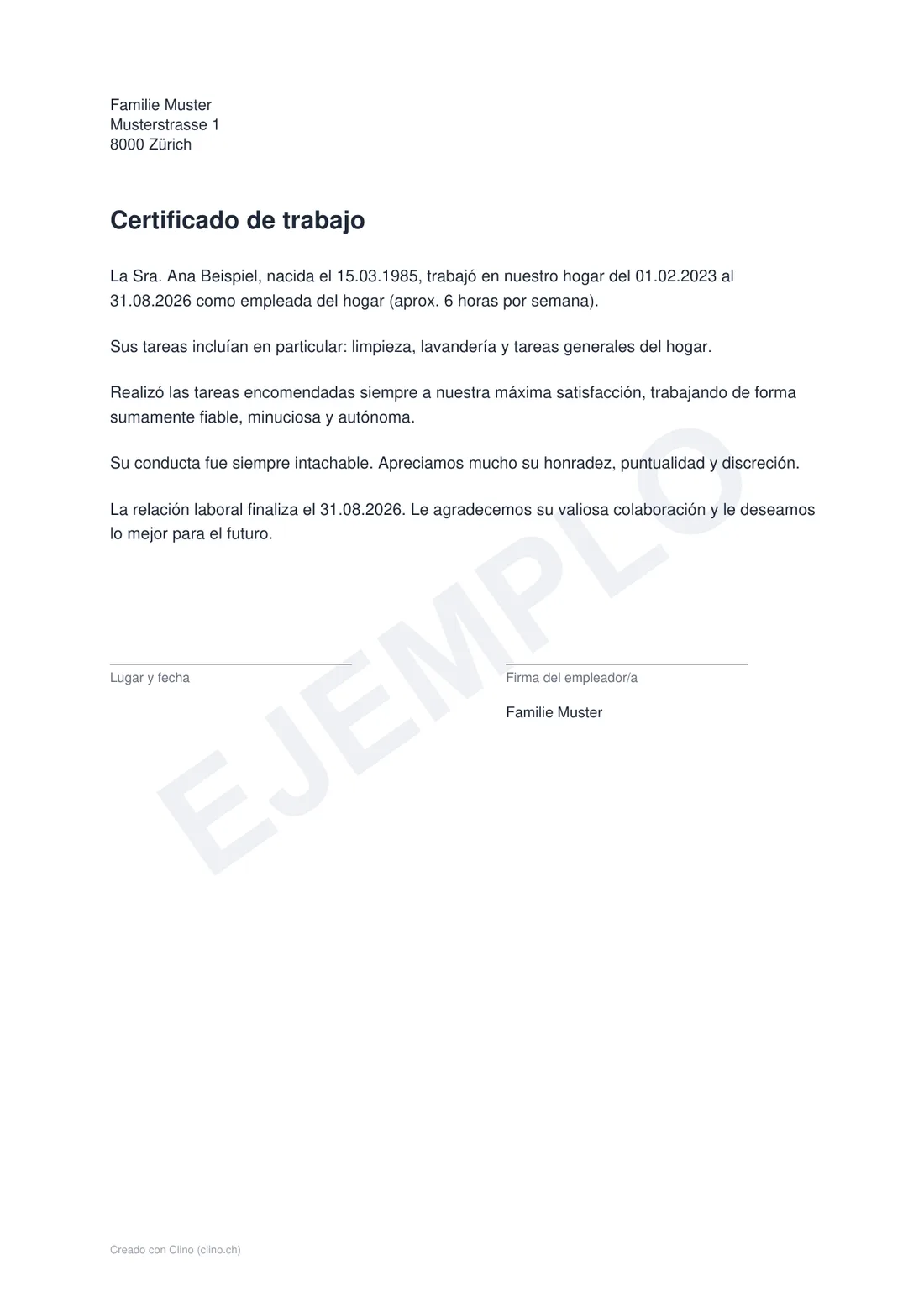 Ejemplo de certificado de trabajo (Arbeitszeugnis) para una empleada del hogar en una casa particular