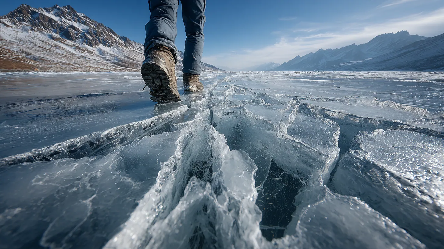 Hiking boots on a cracked sheet of ice in front of mountains