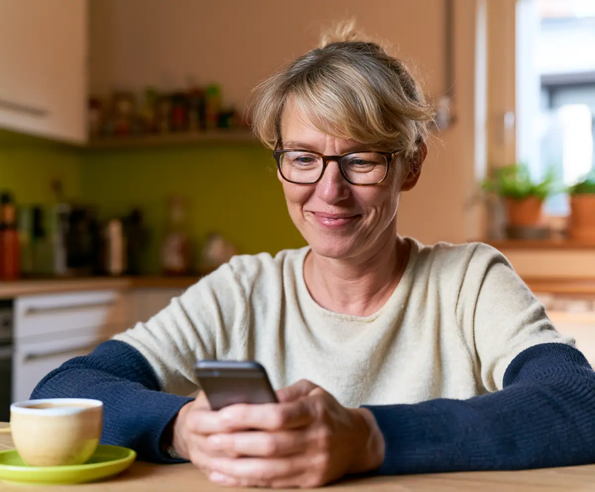 Entspannte Frau schaut laechelnd auf ihr Smartphone im warmen Wohnzimmerlicht