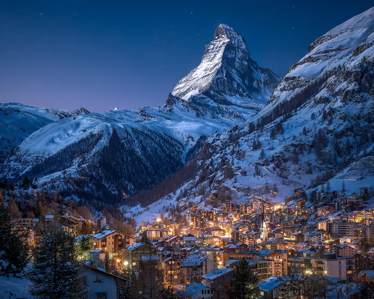 Das Matterhorn bei sanftem Sonnenaufgang ueber einem Walliser Dorf