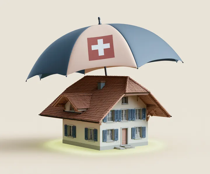 Schweizer Haus unter einem Schirm mit Schweizerkreuz