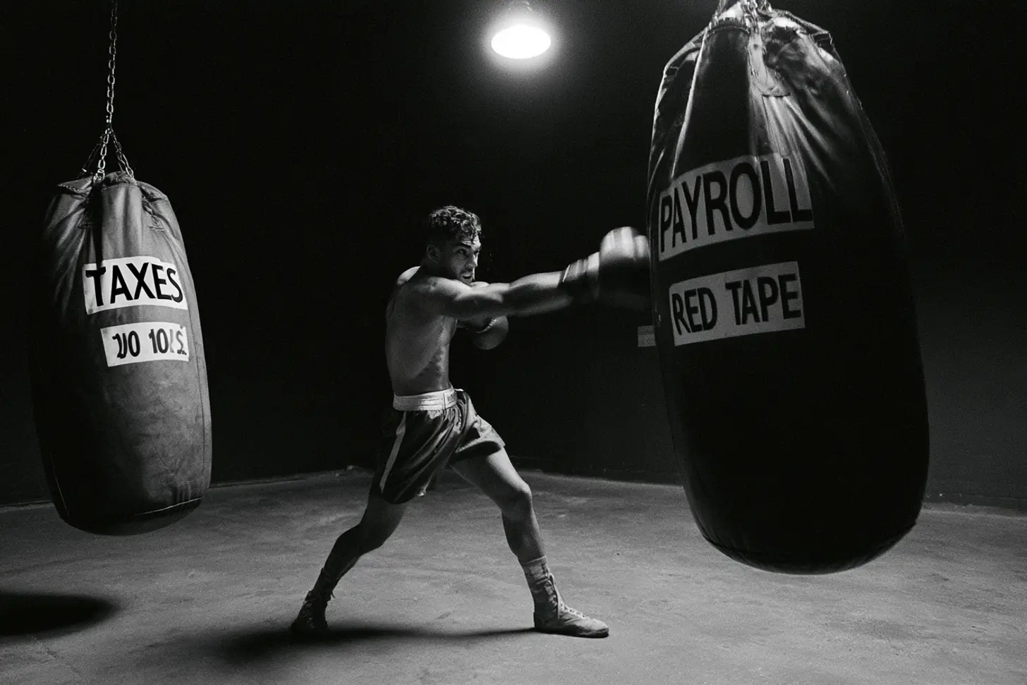 A boxer punching bags labelled Payroll, Red Tape and Taxes