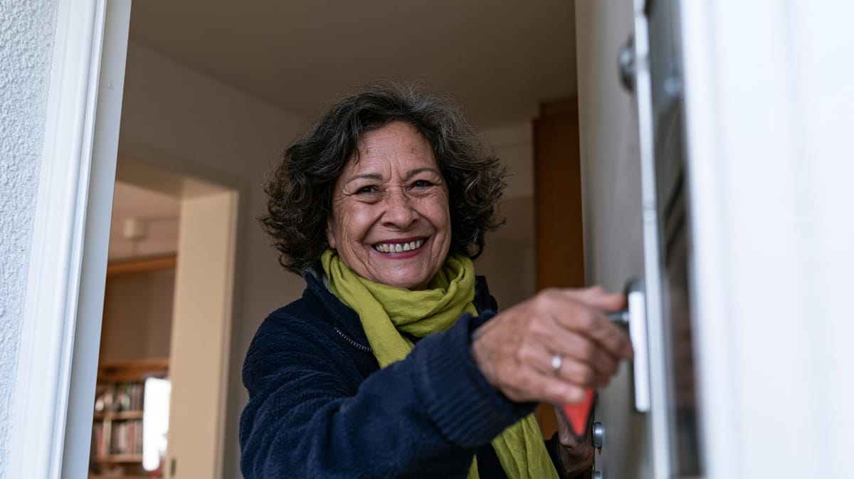 Lächelnde Frau mit grünem Schal öffnet die Wohnungstür, im Hintergrund ein heller Flur mit Bücherregal