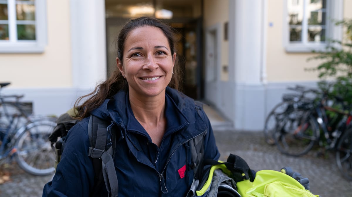 Limpiadora con mochila y bolsa de limpieza frente a un edificio en Suiza, de camino al trabajo