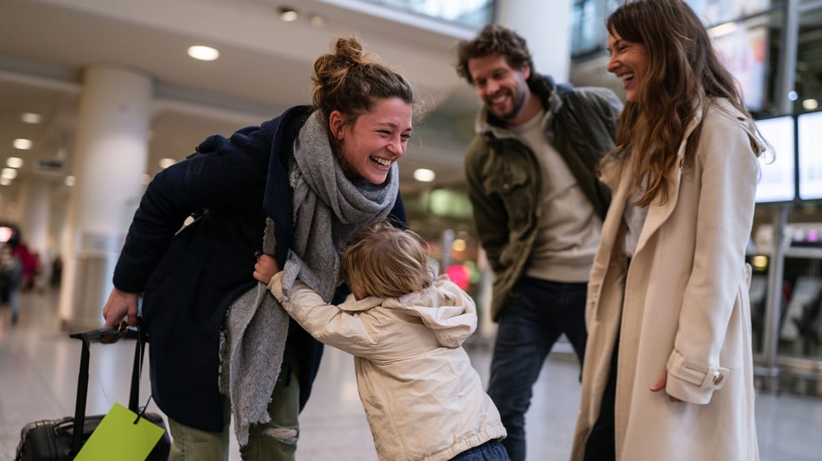 Enfant serrant dans ses bras une femme souriante avec une valise dans un hall d’aéroport, à côté d’un homme et d’une jeune femme en manteau clair