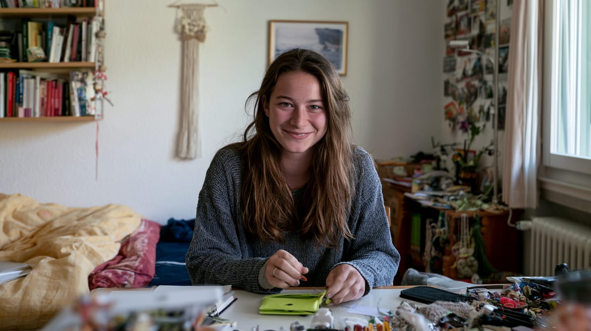 Jeune femme souriante assise au bureau de sa chambre avec un carnet vert, derrière elle une bibliothèque, un macramé et un lit