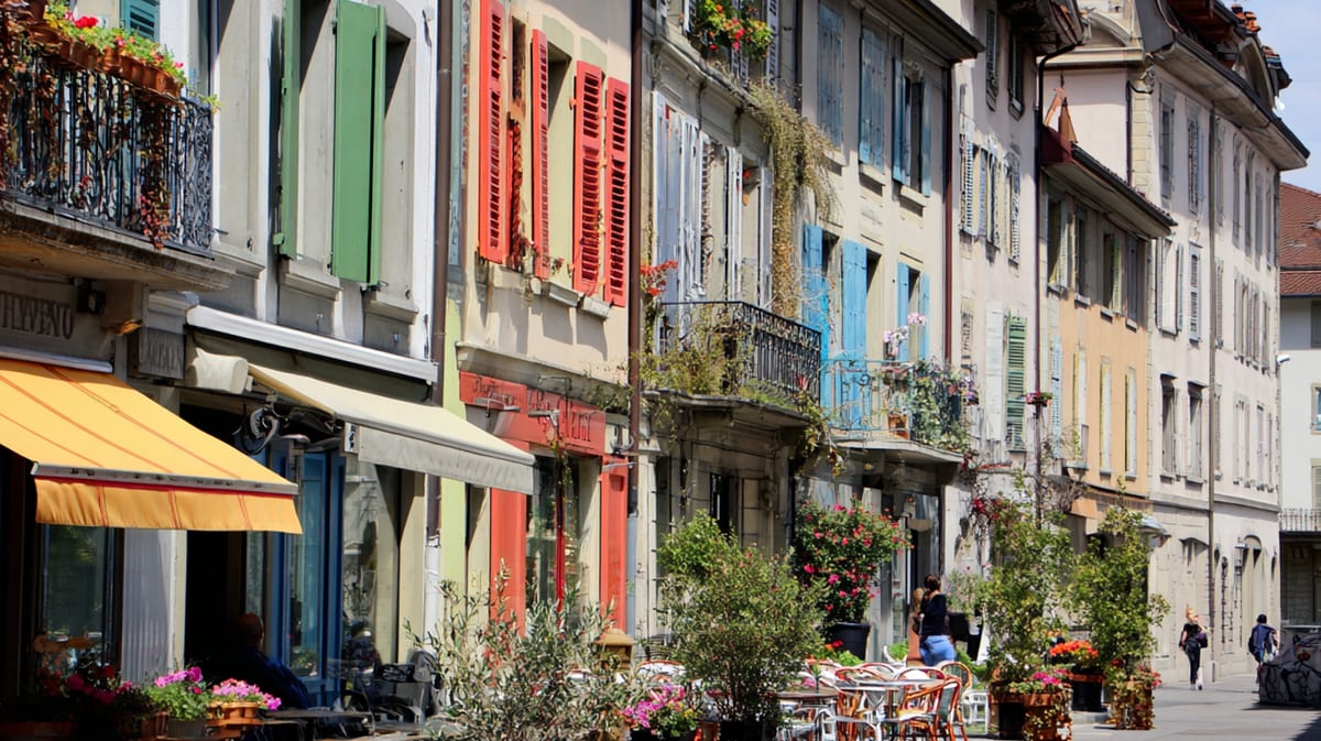 Via del centro storico di Carouge, vicino a Ginevra, con persiane colorate, balconi fioriti e terrazze al sole