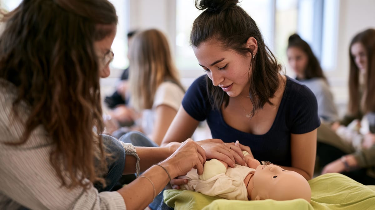 Ragazze in un’aula si esercitano su una bambola neonato su un fasciatoio verde, un’istruttrice mostra i gesti