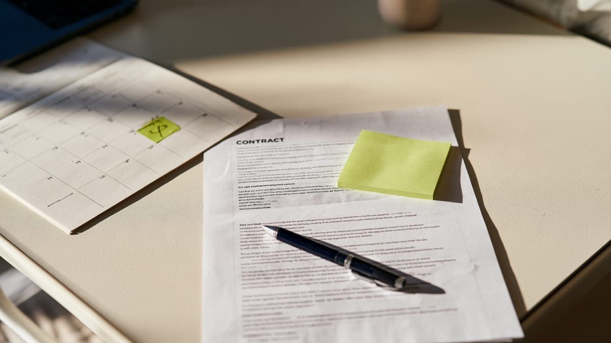 Employment contract with a pen and a light green sticky note on a table, next to a calendar with one date marked