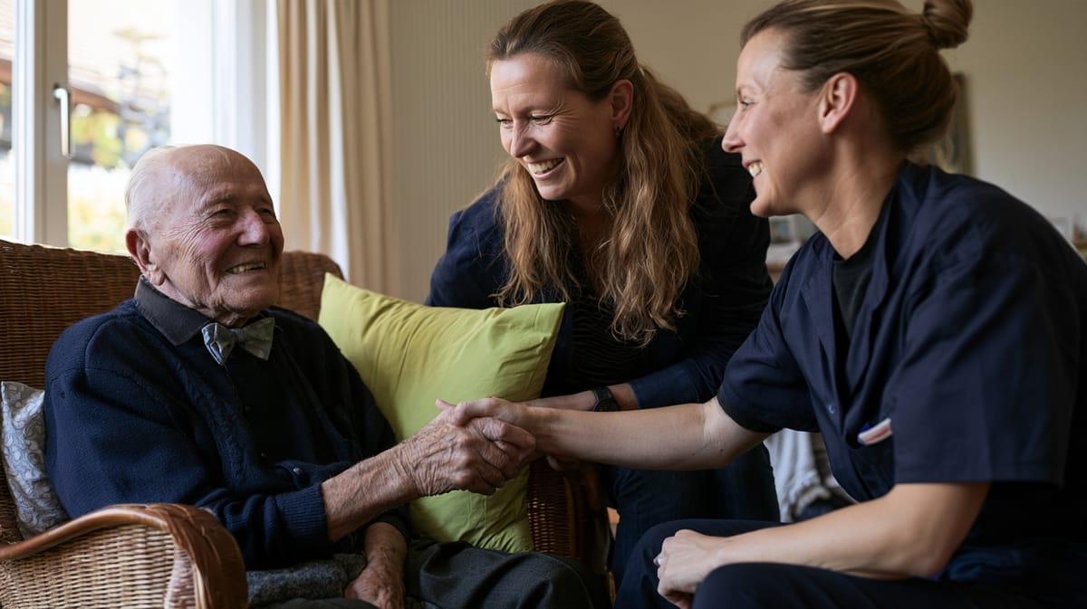 Betreuerin reicht einem älteren Mann im Sessel lächelnd die Hand, eine jüngere Frau lacht daneben im Wohnzimmer