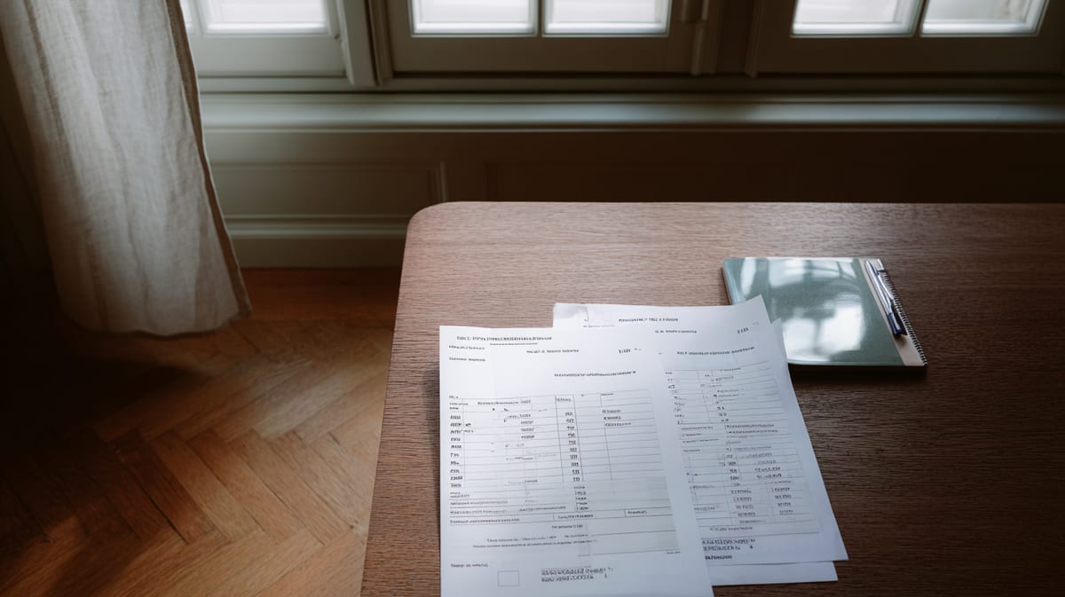 Une facture de crèche et un contrat de travail de nounou côte à côte sur une table près de la fenêtre, dans un appartement zurichois