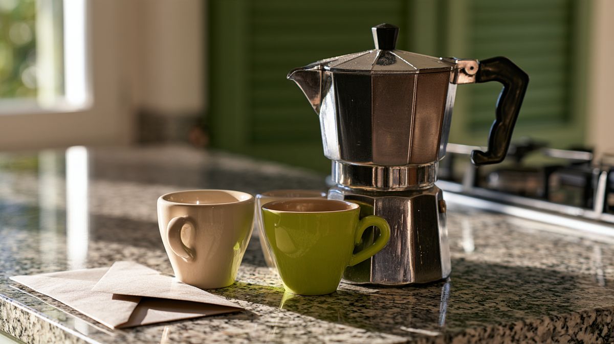 Mokkakanne, zwei Espressotassen und ein Briefumschlag auf einer Granitablage, dahinter grüne Fensterläden wie in einem Tessiner Haus