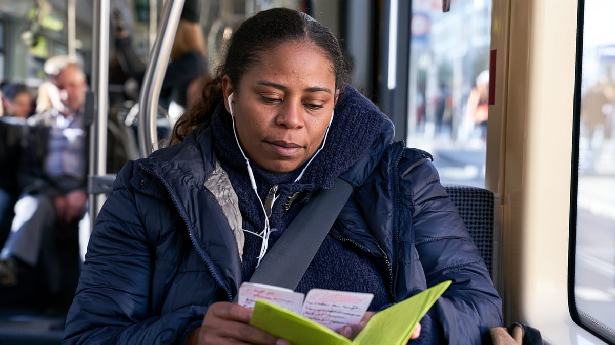 Mujer con auriculares y chaqueta de invierno leyendo concentrada un pequeño cuaderno verde en el tranvía