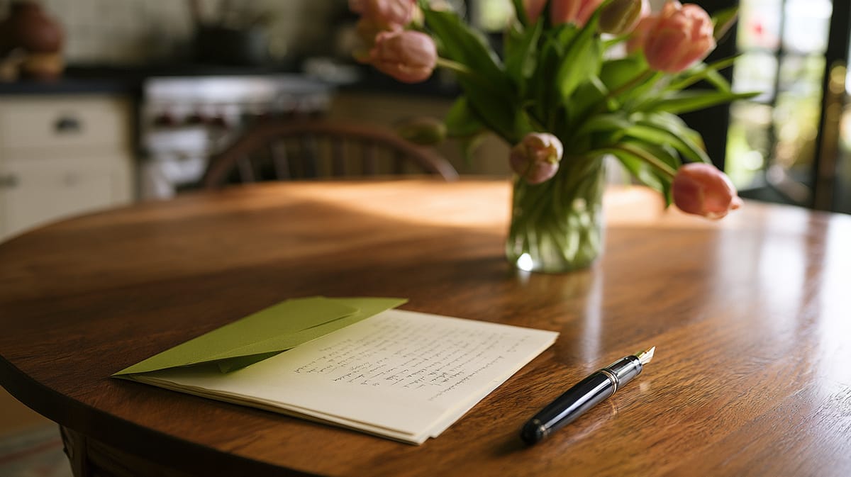 Handwritten letter with a green envelope and a fountain pen on a wooden table, next to a bunch of pink tulips in the kitchen