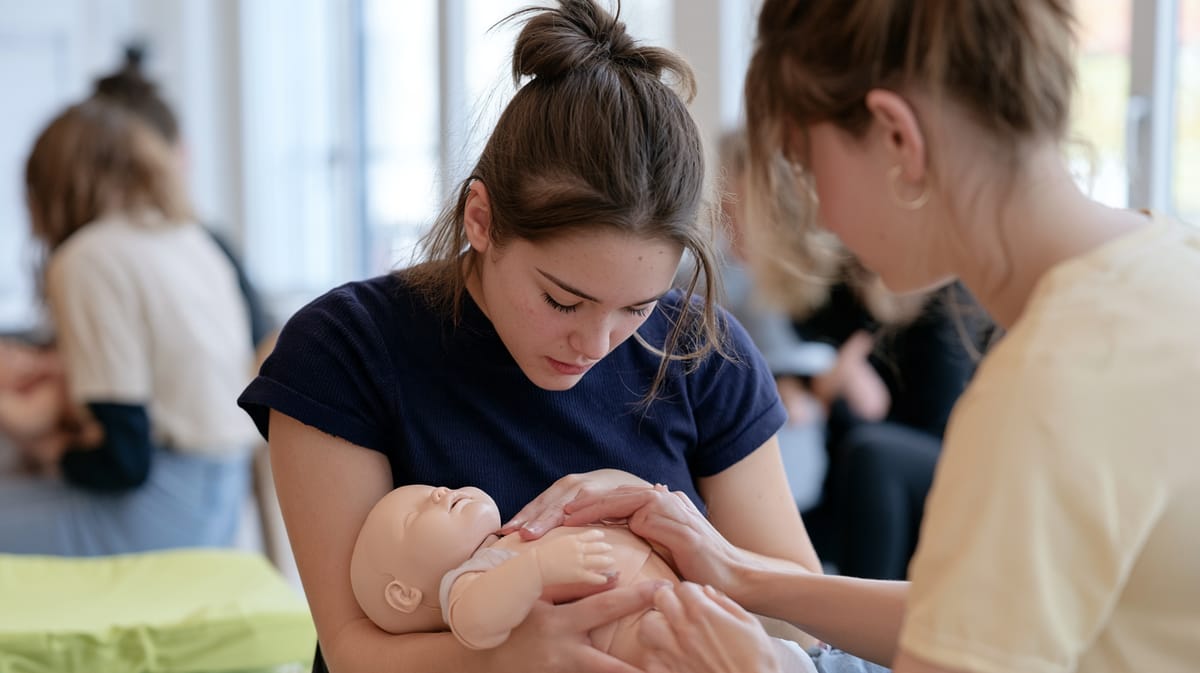 Junge Frau übt in einem Erste-Hilfe-Kurs an einer Babypuppe, eine Kursleiterin führt ihr die Hände