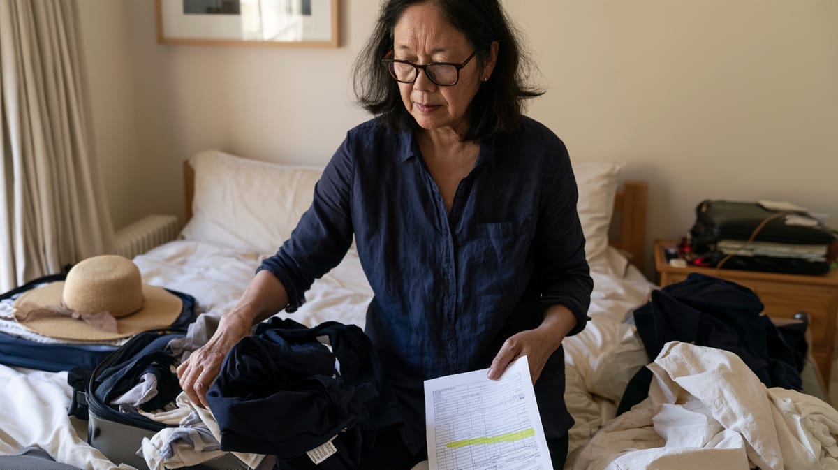 Frau mit Brille packt auf dem Bett einen Koffer für die Ferien und hält dabei ein Blatt Papier in der Hand