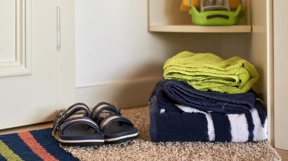 Pila di teli da bagno piegati verdi e blu scuro accanto a un paio di sandali su un tappeto nell’ingresso, pronti per le ferie