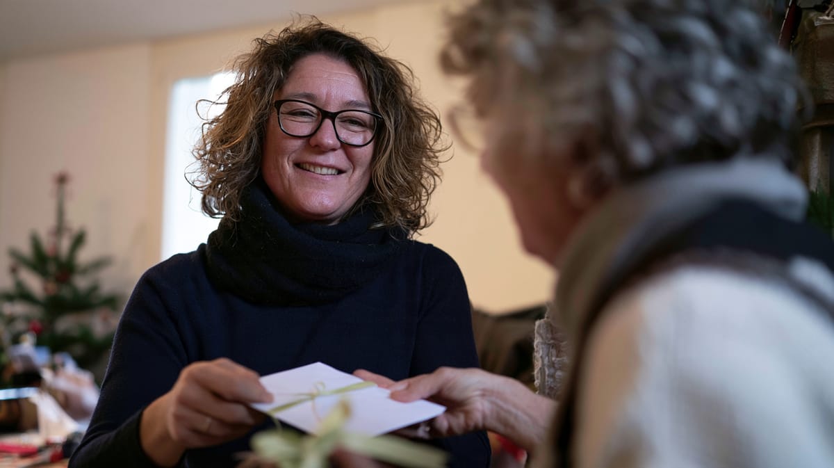 Femme souriante aux cheveux bouclés et à lunettes et femme âgée tenant ensemble une enveloppe ornée d’un ruban, avec un sapin de Noël à l’arrière-plan