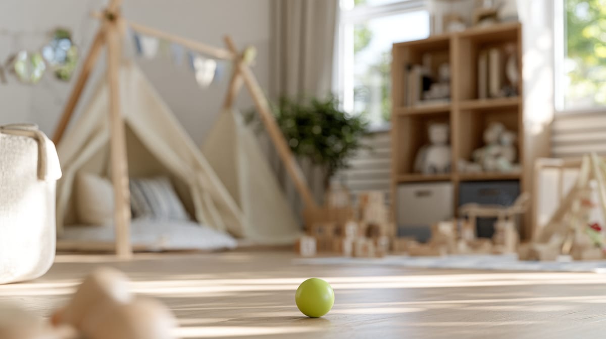 Quarto de criança luminoso com uma tenda de brincar, brinquedos de madeira na estante e uma bola verde-clara no parquet