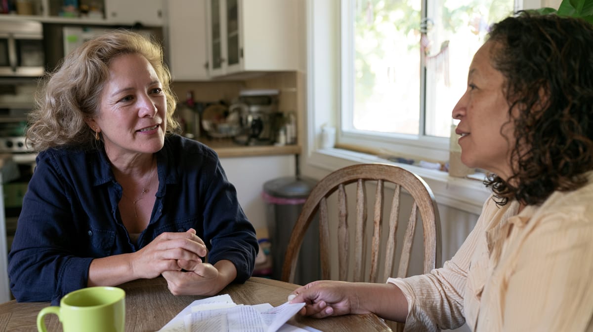 Deux femmes assises à la table de la cuisine en discussion sérieuse, une feuille de papier et une tasse verte entre elles, la fenêtre derrière