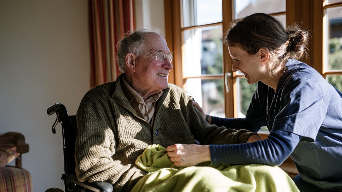 Une auxiliaire de vie souriante pose une couverture verte sur les genoux d’un homme âgé en fauteuil roulant, près de la fenêtre