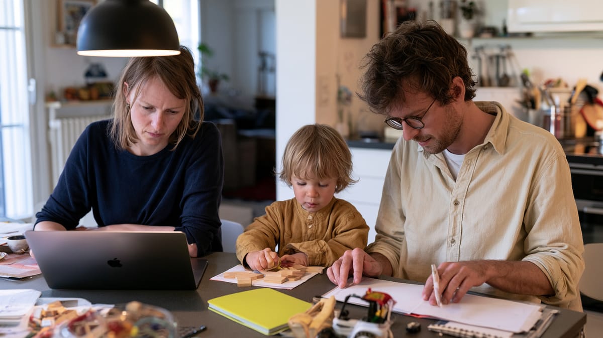 Eltern am Küchentisch mit Laptop und Notizen, dazwischen ein kleiner Junge, der mit Stiften zeichnet