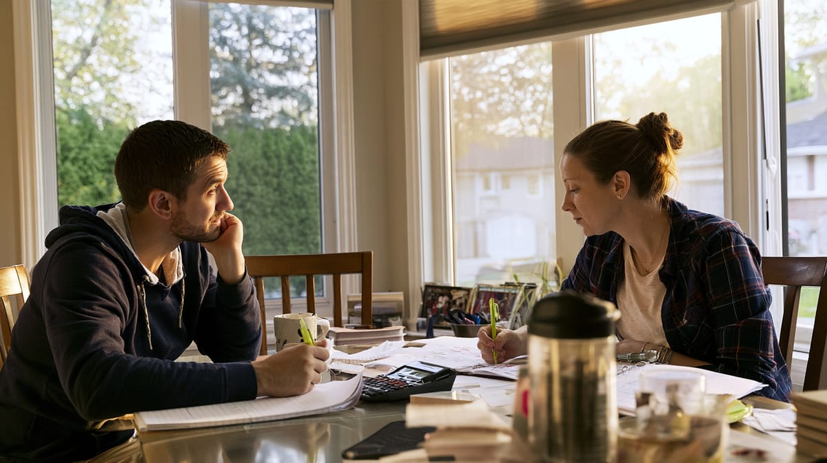 Couple assis à la table avec des factures, une calculatrice et des documents, l’homme pensif, la femme prenant des notes