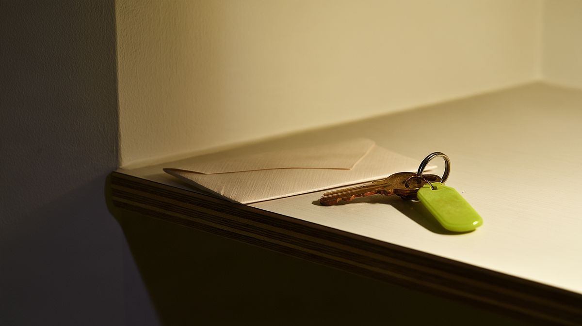 Sobre y llavero con una etiqueta verde sobre un estante del recibidor, con luz rasante de tarde
