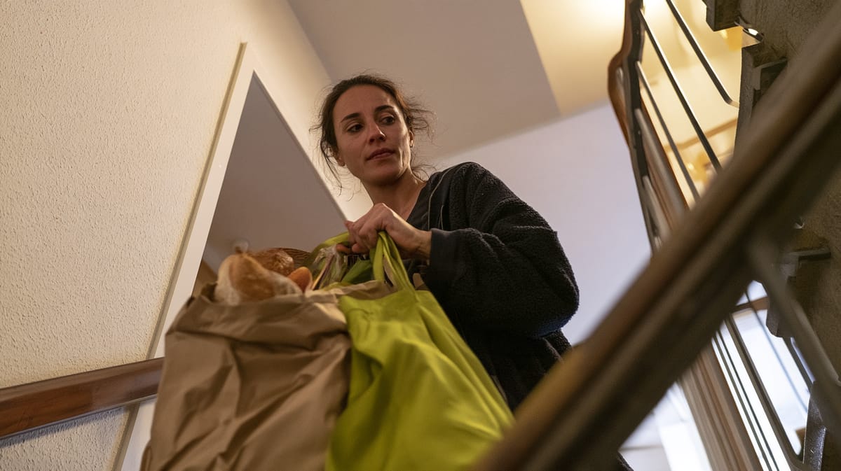 Woman carrying a paper bag with bread and a green shopping bag up the stairs of an apartment building