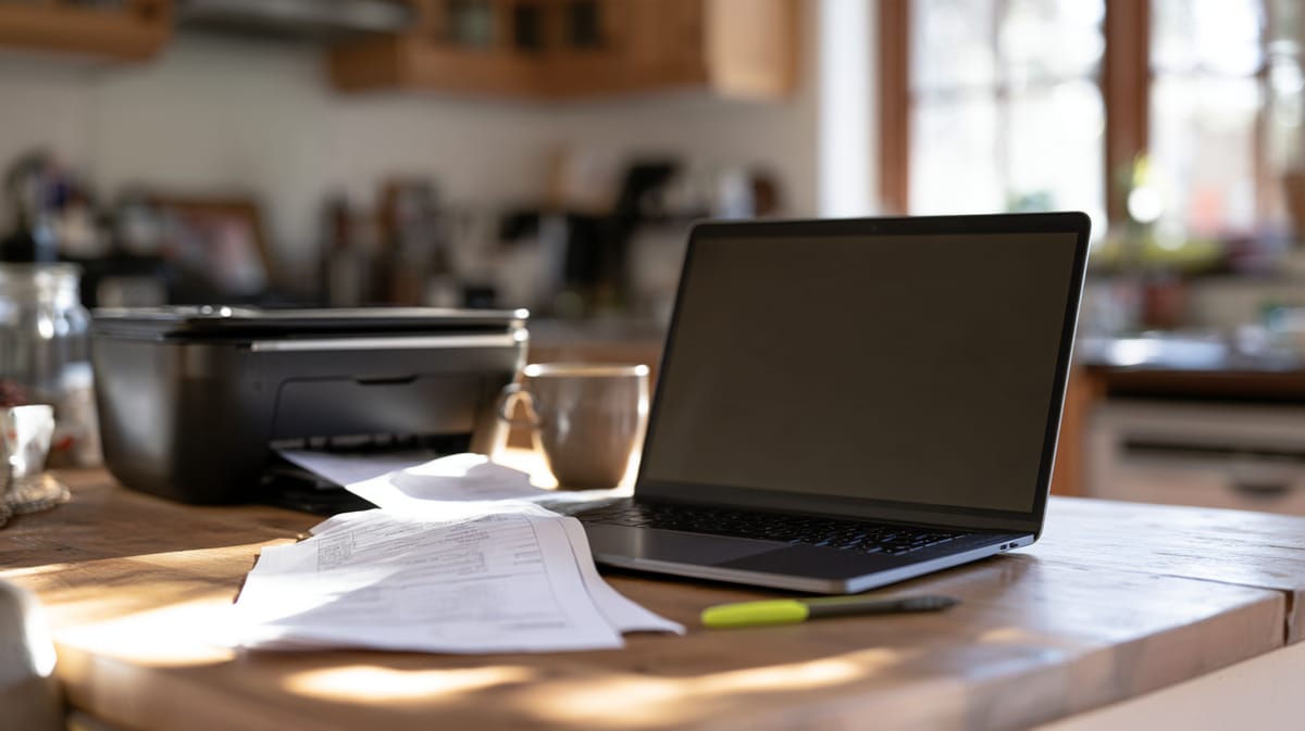 Ordinateur portable, imprimante, feuilles imprimées, tasse et surligneur jaune sur une table en bois dans une cuisine ensoleillée