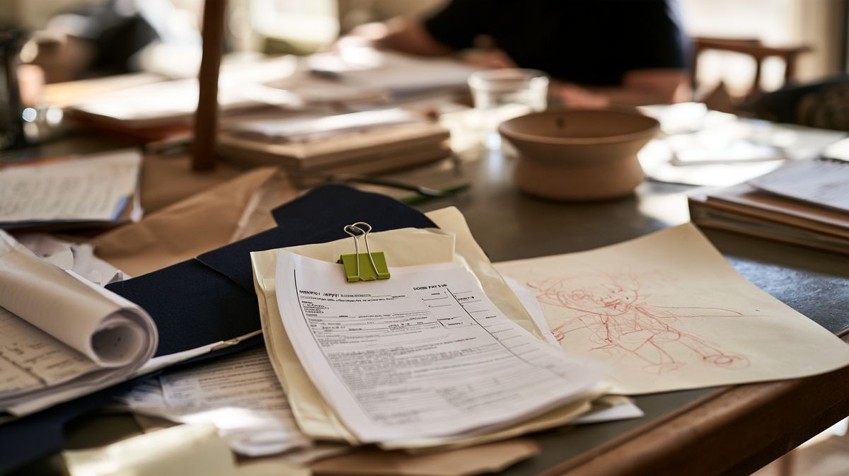 Stack of filled-in forms held by a green paper clip on a table covered with papers, folders and notes