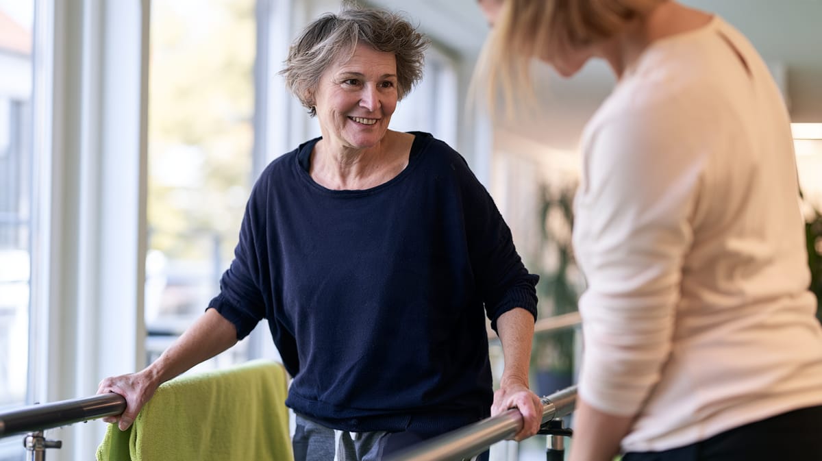 Smiling older woman walking between parallel bars in a bright therapy room, accompanied by a physiotherapist