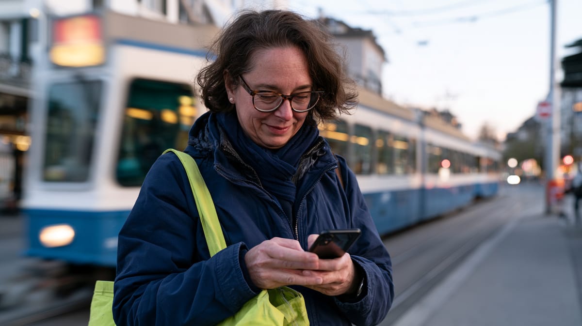 Putzfrau prüft an einer Tramhaltestelle in Zürich ihren Stundenlohn auf dem Handy