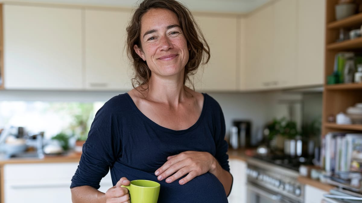 Mujer embarazada sonriente de pie en su cocina, con una mano sobre la barriga y una taza verde en la otra