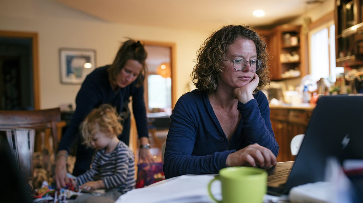 Frau mit Brille sitzt nachdenklich mit Laptop, Unterlagen und grüner Tasse am Tisch, im Hintergrund spielt eine Nanny mit einem Kleinkind