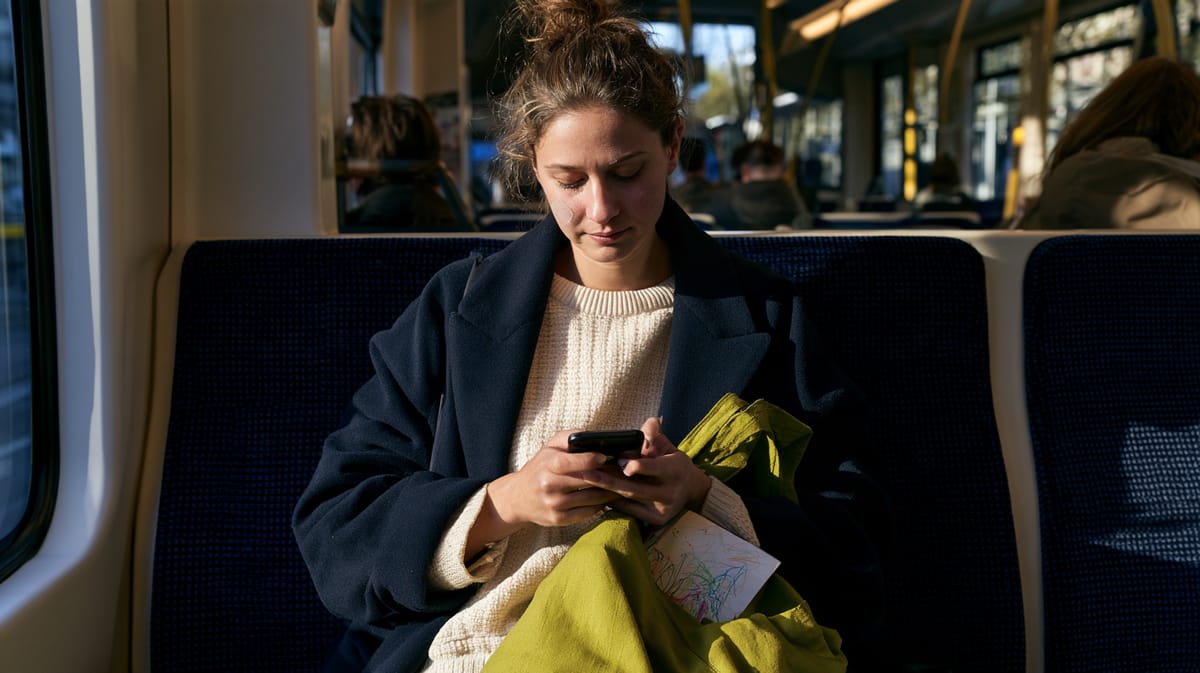 Junge Frau im dunkelblauen Mantel sitzt im Zug und schaut auf ihr Handy, aus der grünen Stofftasche auf ihrem Schoss ragt eine Kinderzeichnung