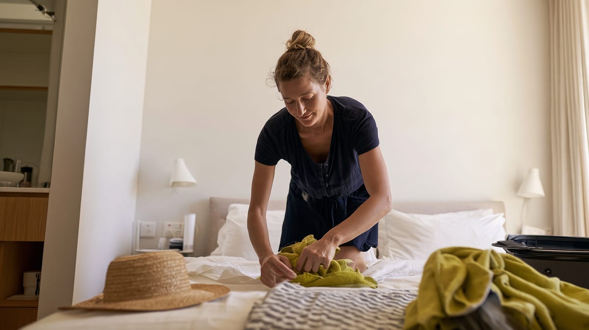 Donna in abito blu scuro che piega vestiti verdi sul letto per le sue ferie, accanto a un cappello di paglia e a una valigia aperta