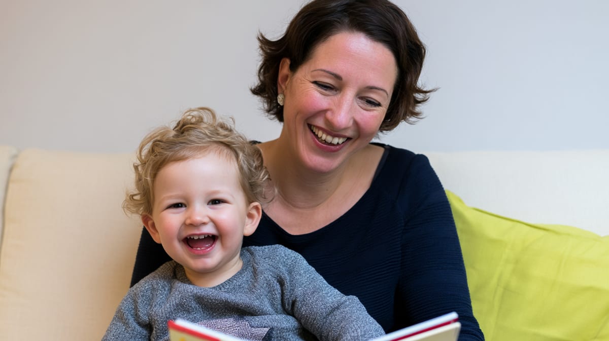 Nanny im dunkelblauen Pullover liest einem lachenden Kleinkind auf dem Sofa ein Bilderbuch vor, daneben ein limettengrünes Kissen