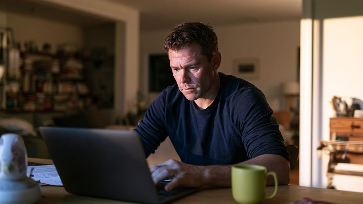 Mann sitzt abends im Wohnzimmer am Laptop, daneben eine grüne Tasse und Papiere, und vergleicht konzentriert