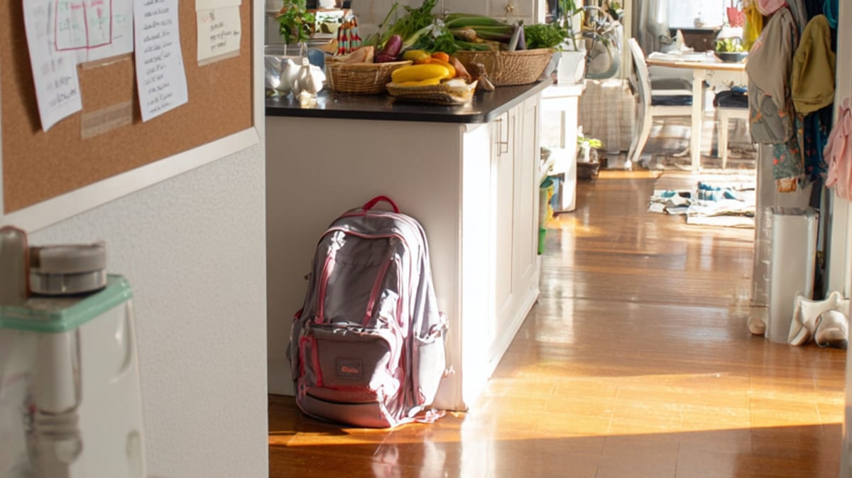 A bright kitchen in the morning: a child's school backpack by the kitchen island and the family's week plan on the cork board