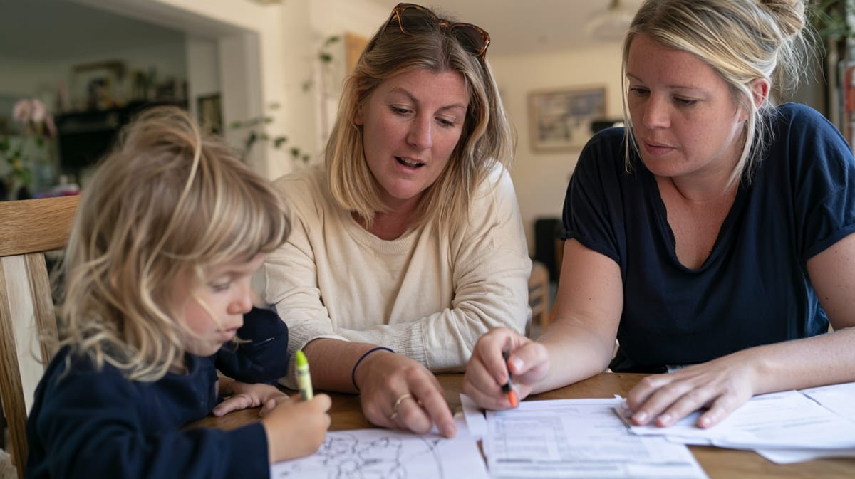Zwei Frauen füllen am Esstisch ein Formular aus, während ein kleines Kind daneben mit einem grünen Stift zeichnet