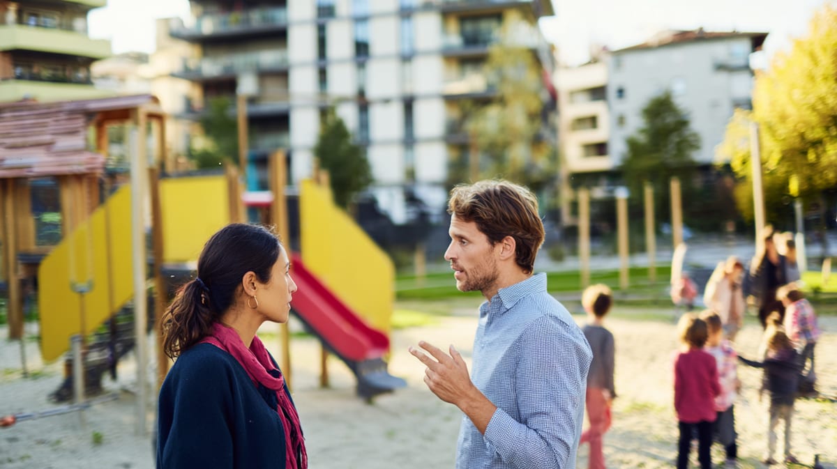 Un padre e una madre di due famiglie parlano in un parco giochi, sullo sfondo giocano dei bambini