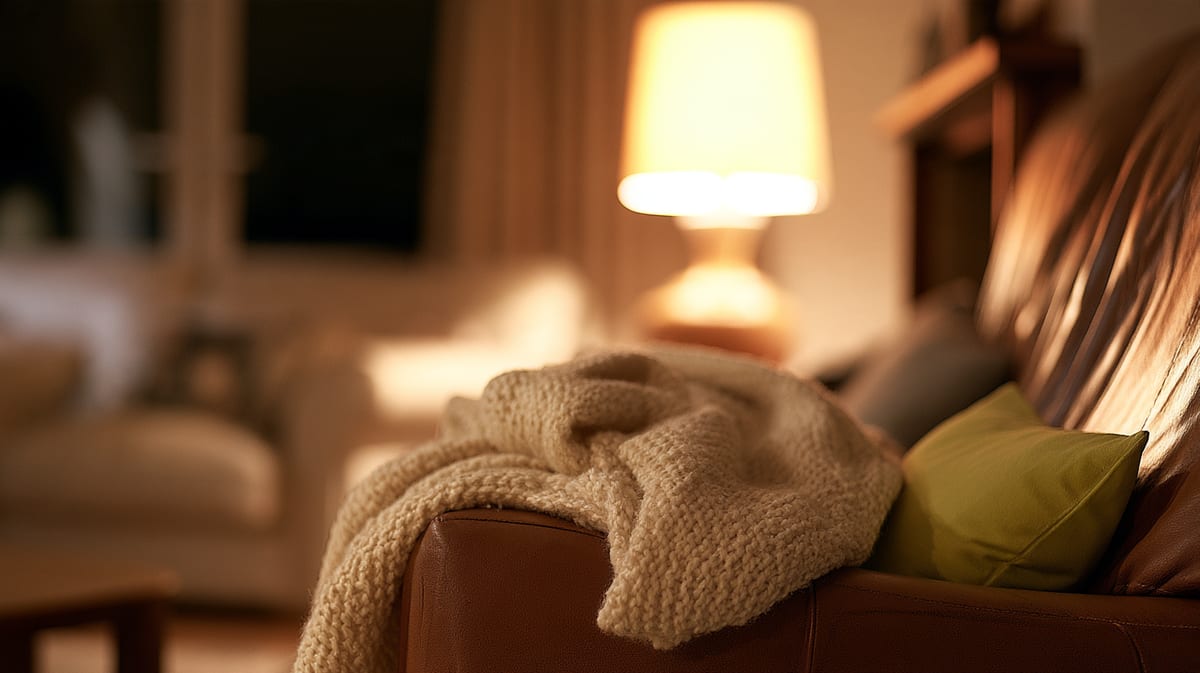 Wohnzimmer am Abend: eine Stehlampe brennt, auf dem Sofa liegen eine Strickdecke und ein hellgrünes Kissen.